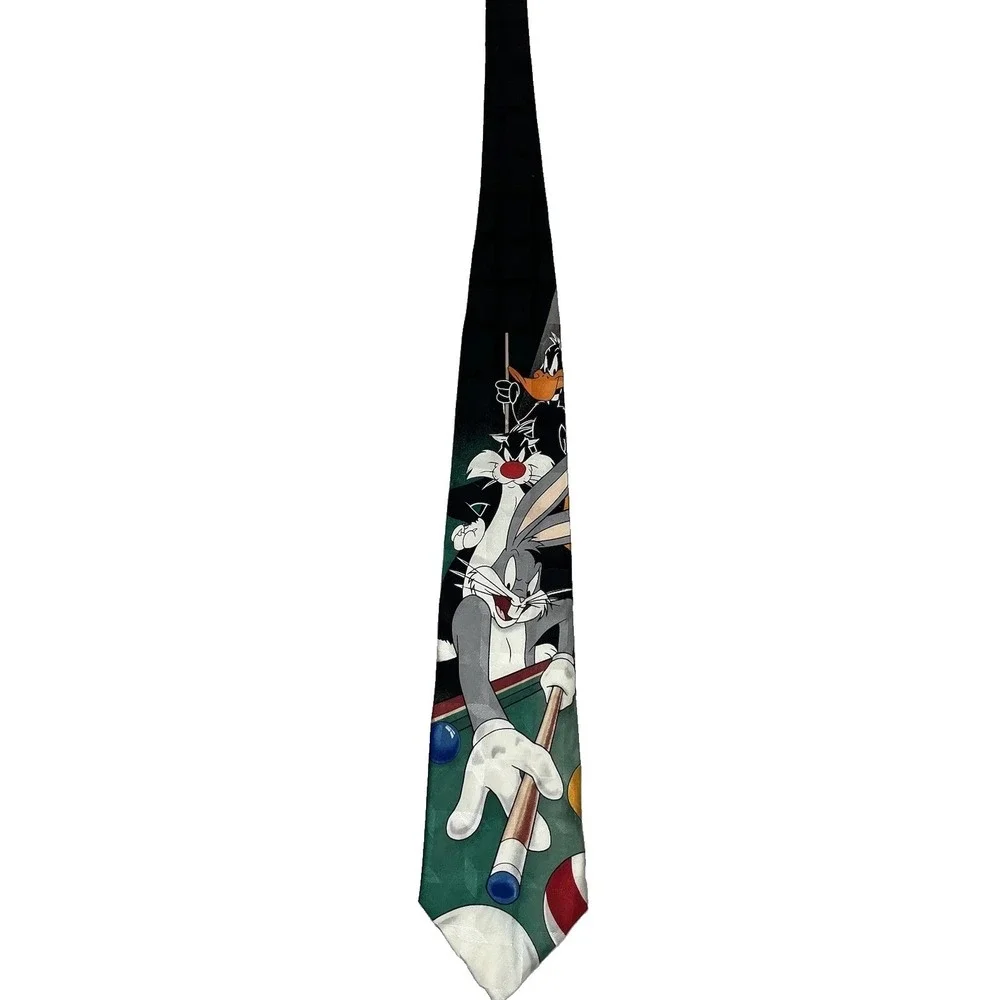 Vintage Looney Tunes Mania Silk Neck Tie Bugs Bunny Pool Billiards Cartoon USA